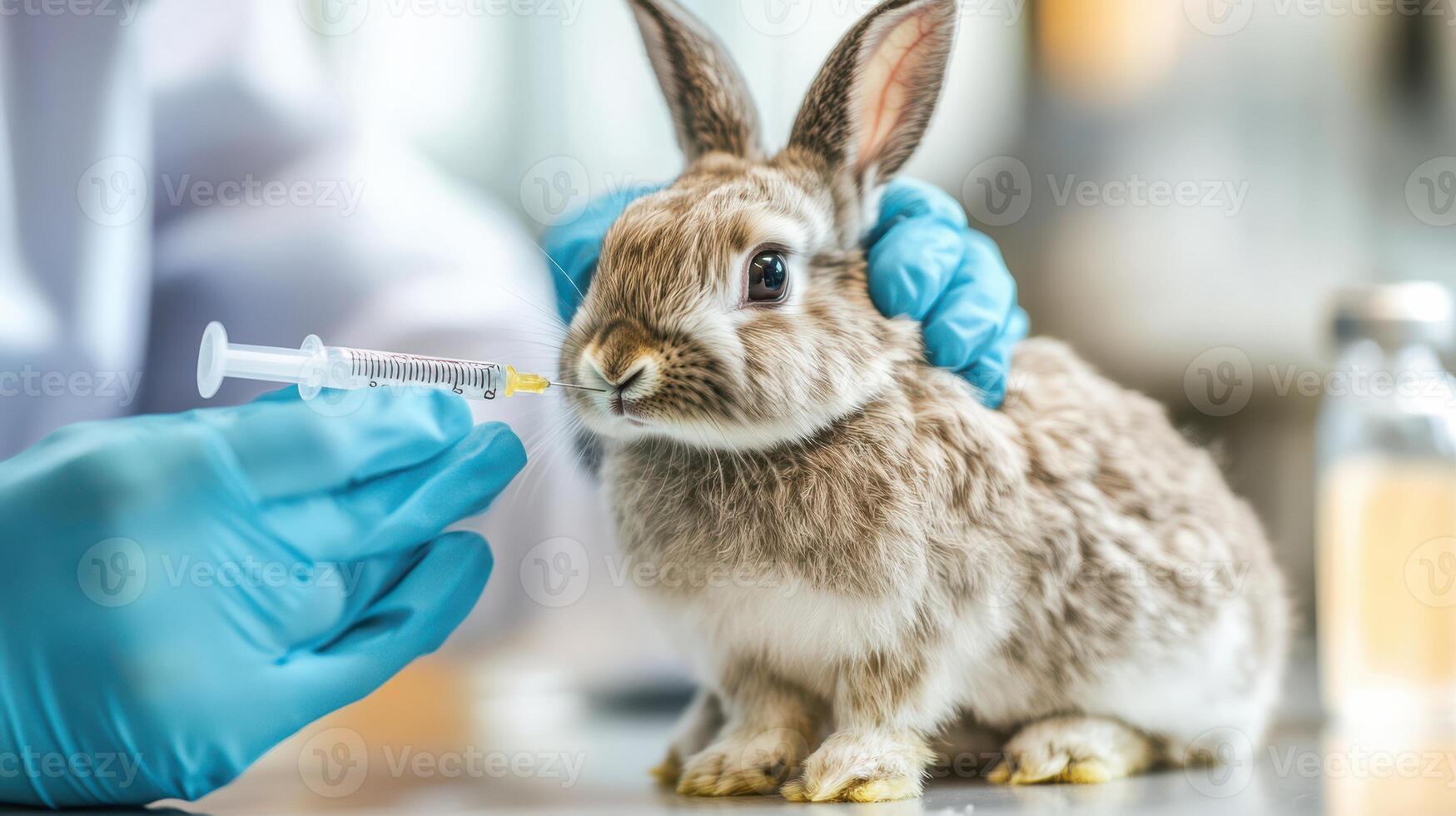 Doctor administering a syringe injection to a rabbit. photo