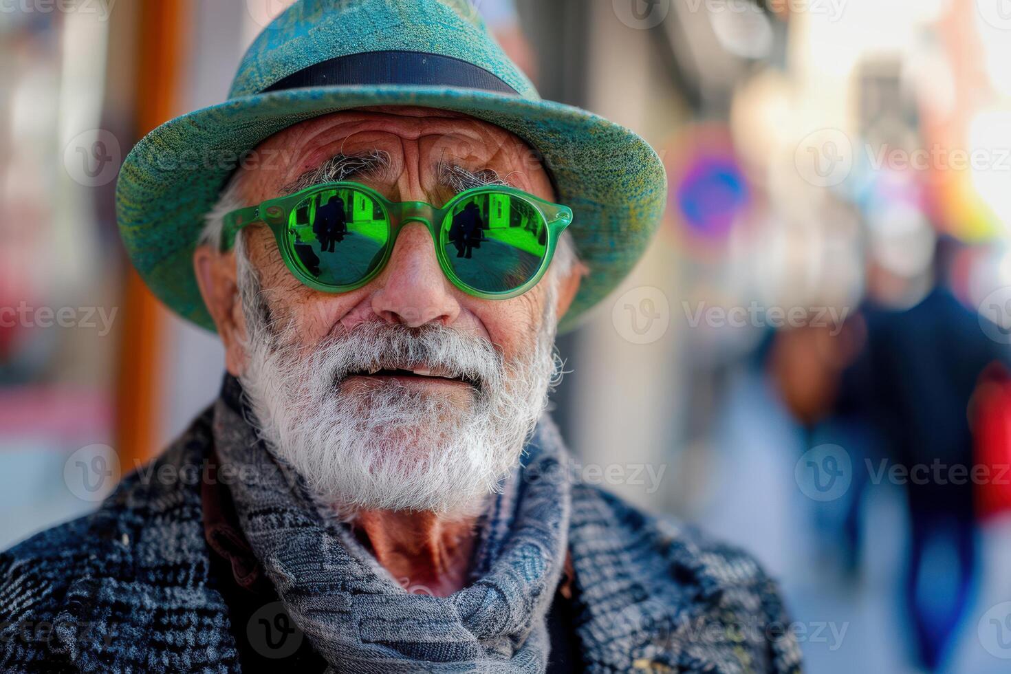 Elegant and Distinguished Older Gentleman Wearing Trendy Green-Tinted Sunglasses, Reflecting a Sophisticated Style photo