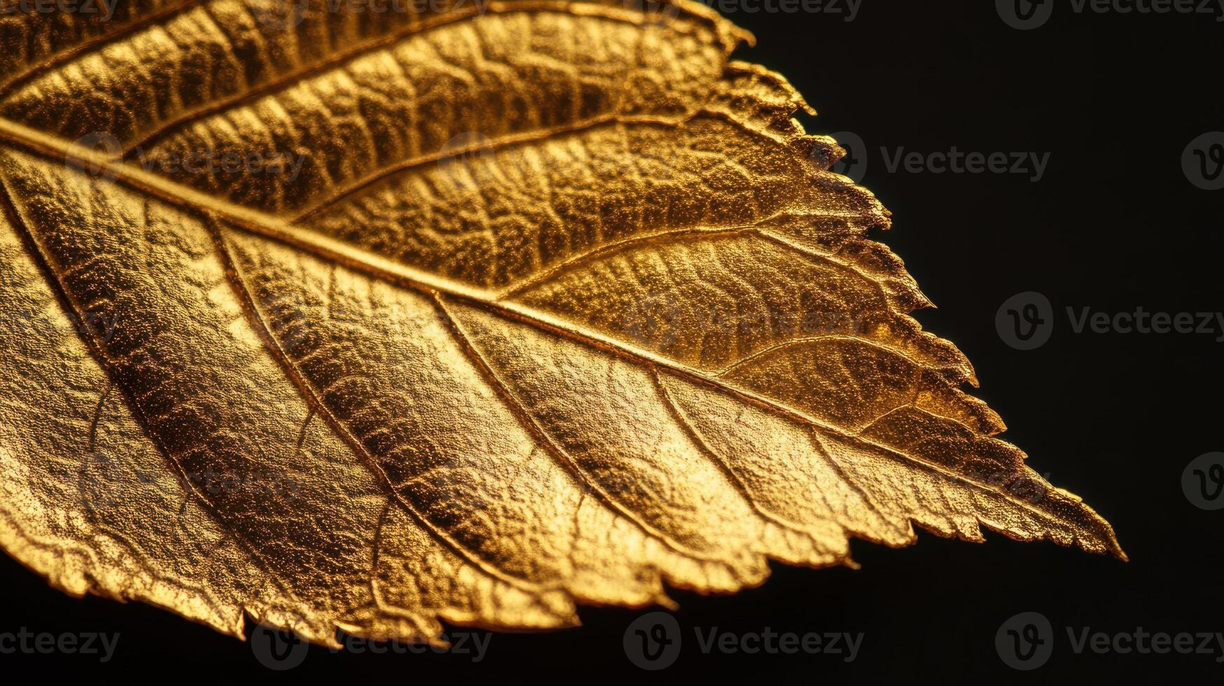 Close up view of a single gold leaf against a dark backdrop. photo