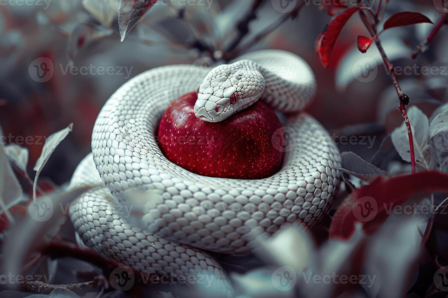 Exploring the Intricate Design of a White Snake Coiling Around an Apple with Symbolic Significance photo