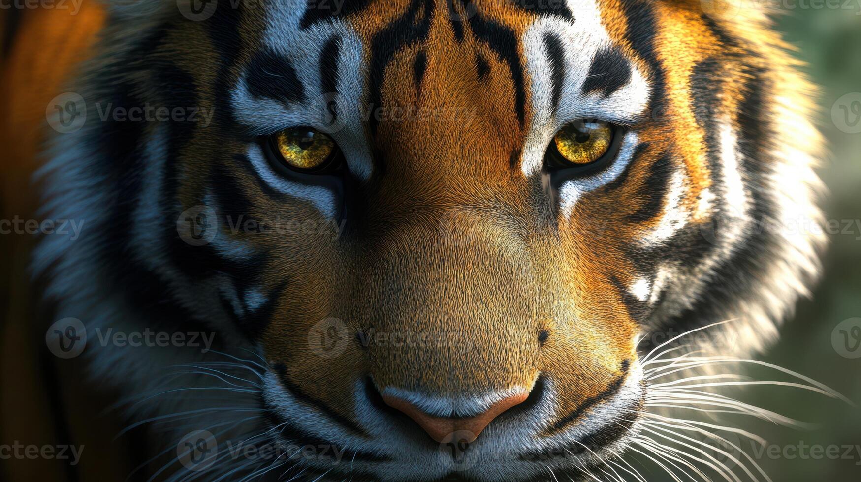 A close-up view showcasing the intricate details of a Bengal tiger. photo
