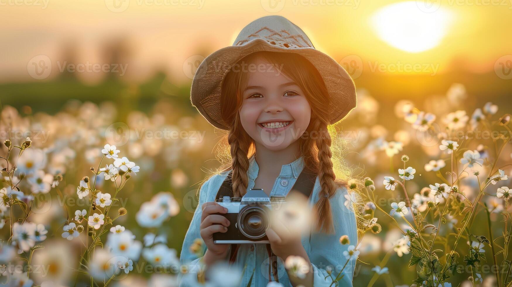 A Young Girl's Golden Hour Adventure in a Field of Daisies photo
