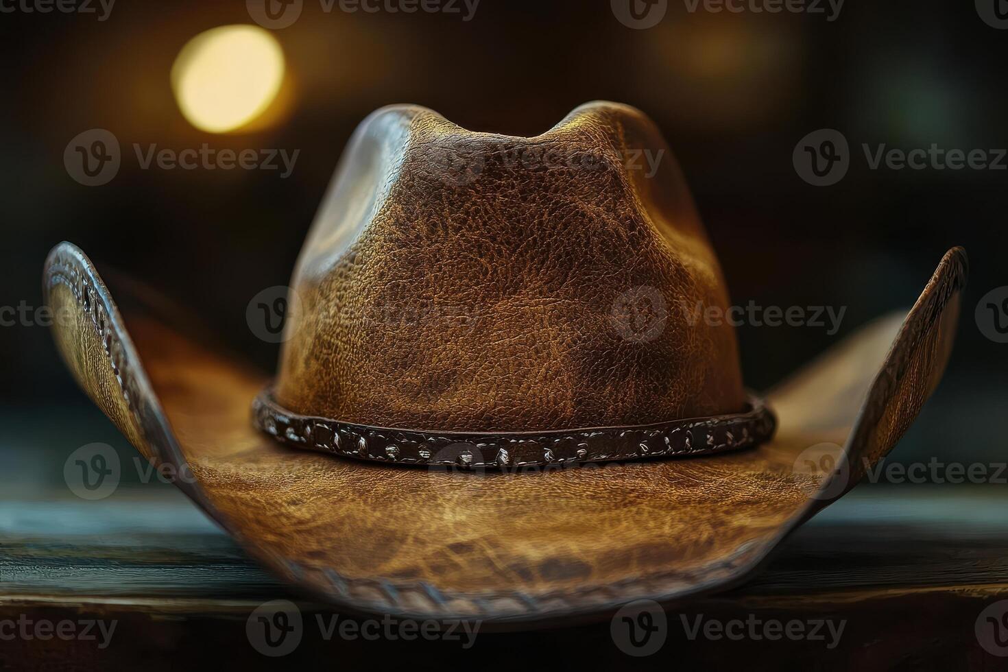 A rustic cowboy hat resting on a wooden table inside a warm barn photo