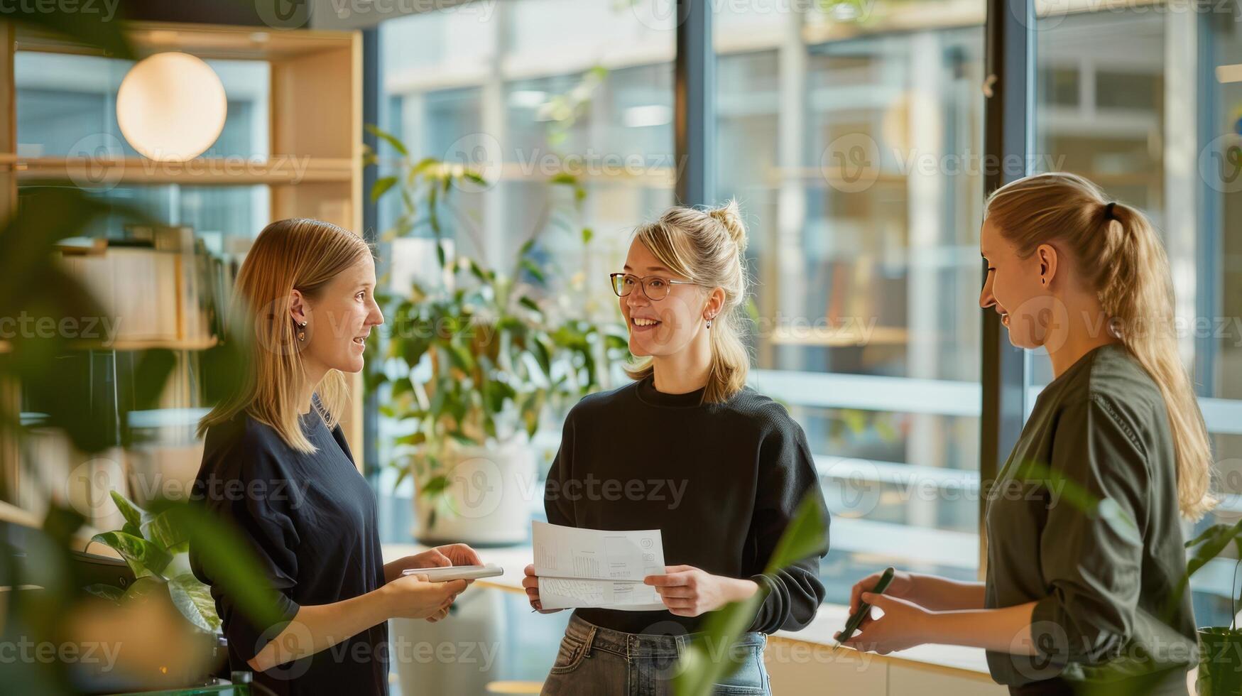 A Bright Conversation Amidst Greenery Three Women Collaborate in a Modern Office Space photo