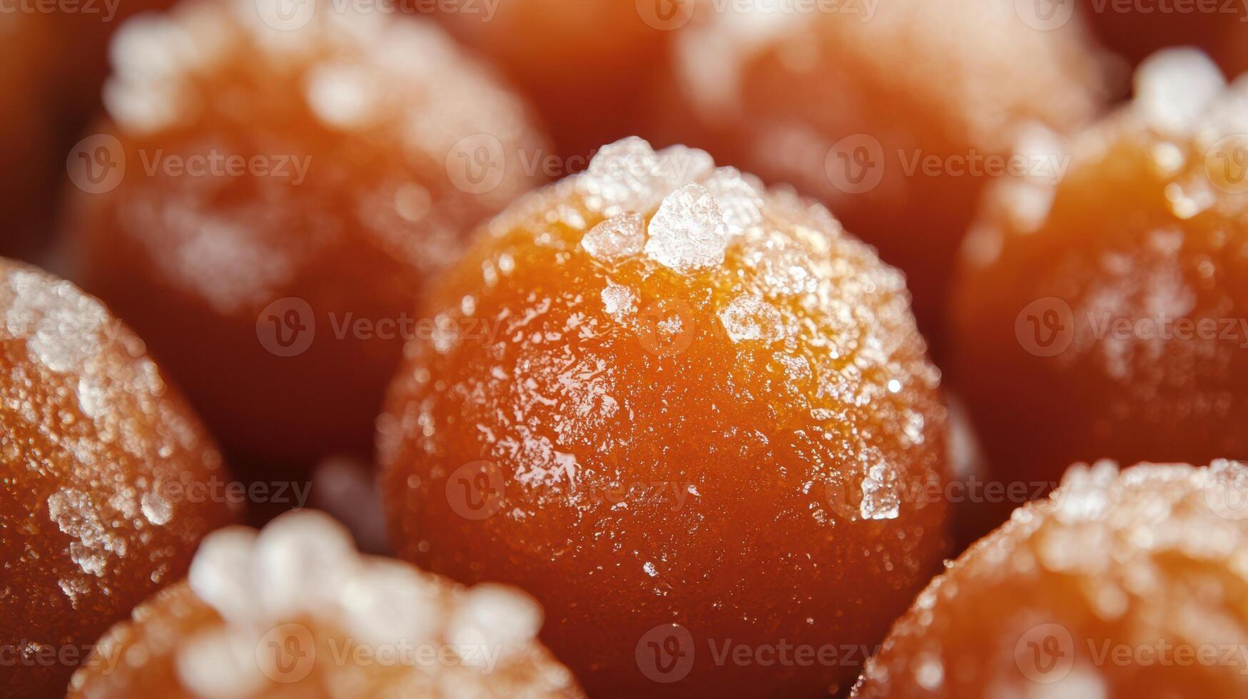Detailed view of gulab jamun adorned with sugar crystals. photo
