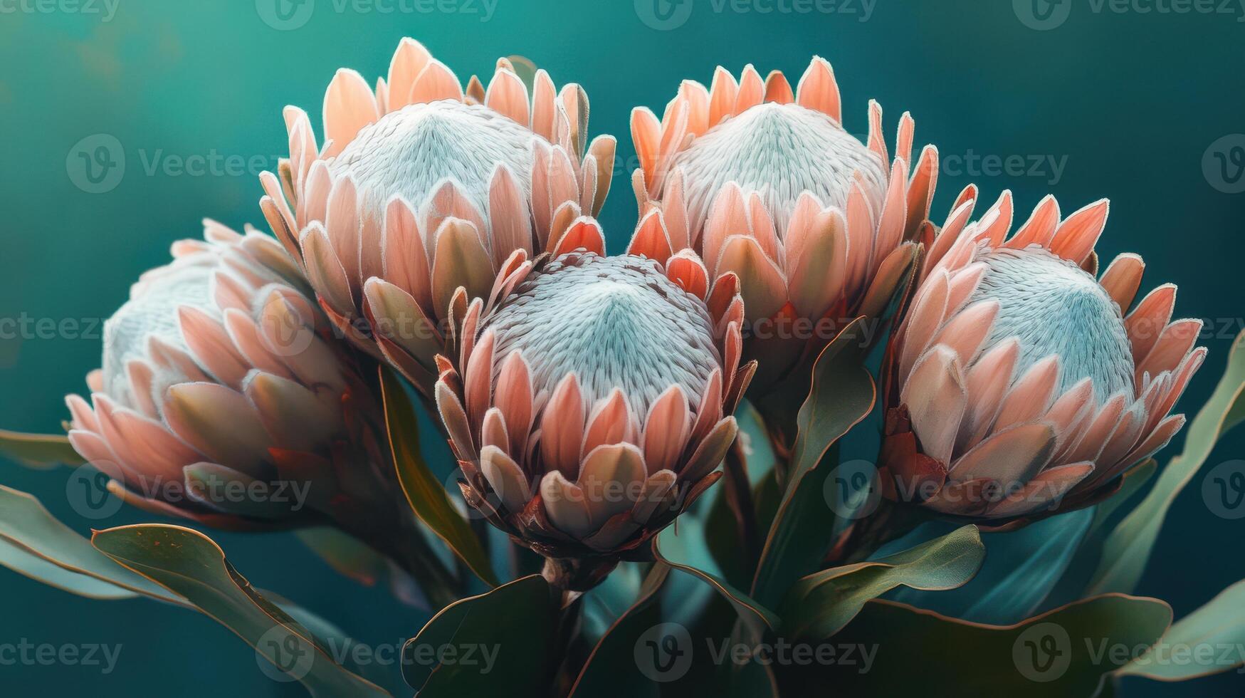 Ethereal charm of Australian protea flowers against a teal background. photo