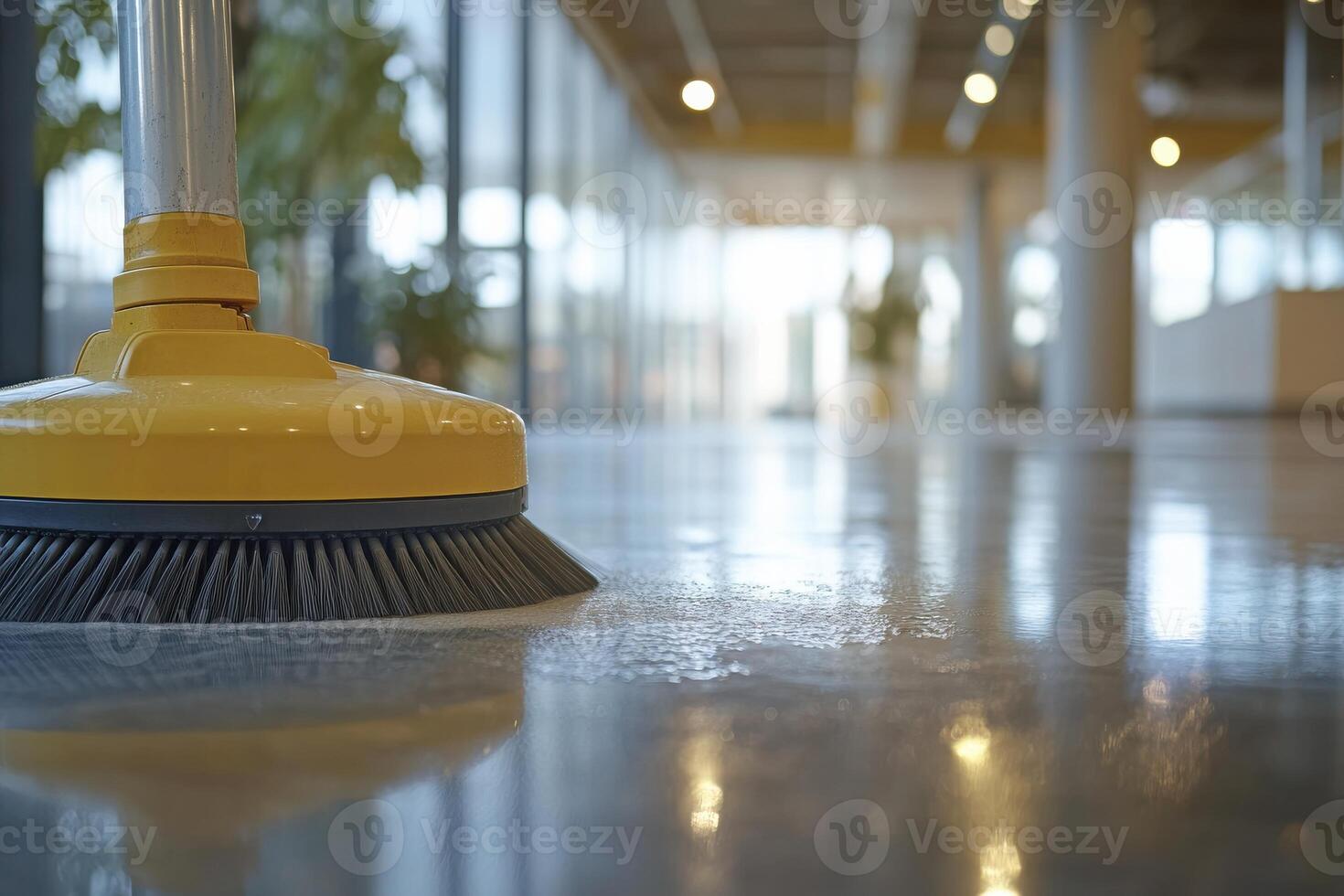 Bright and clean workspace with polished floors and broom photo