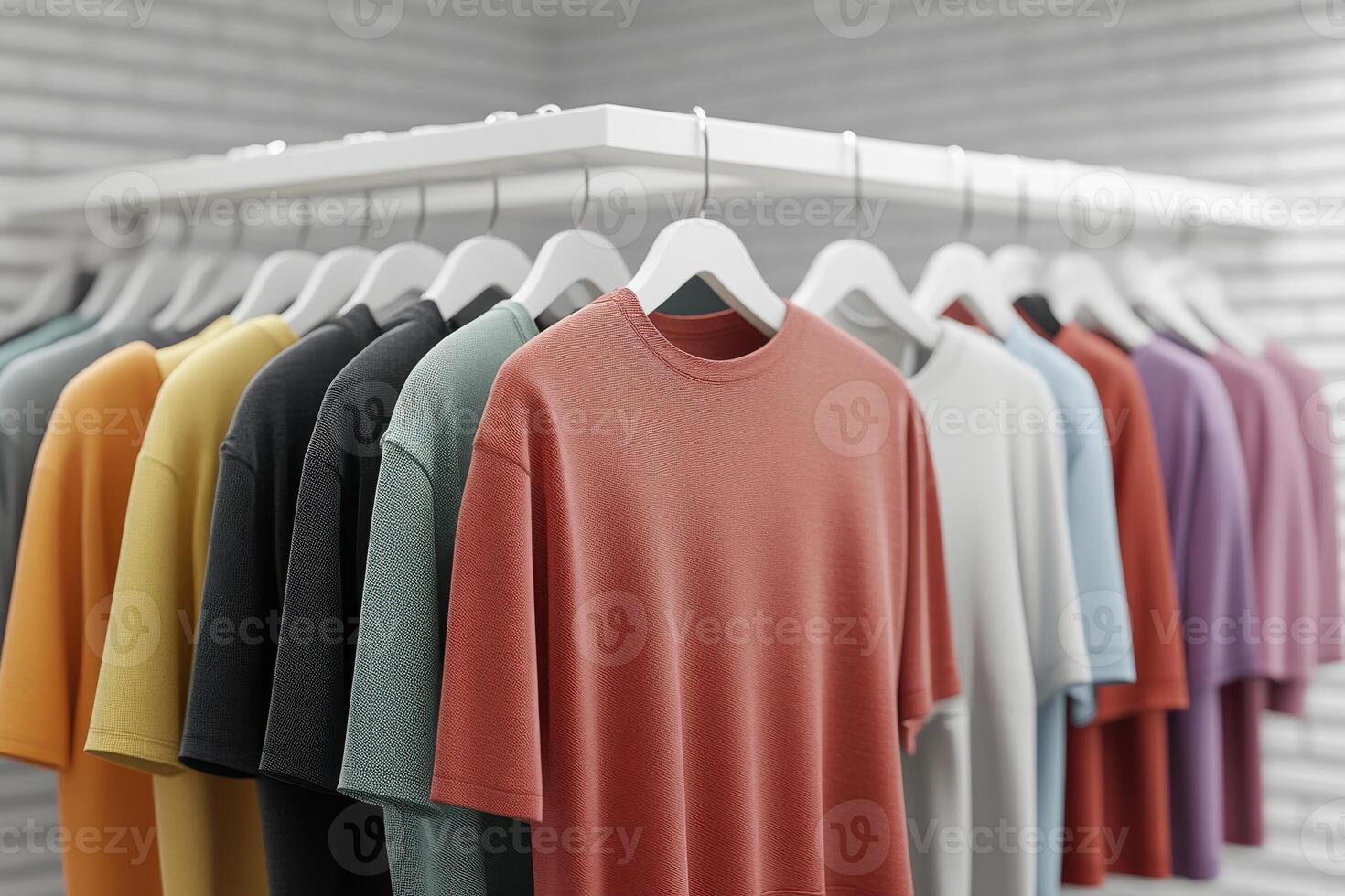 Colorful collection of casual t-shirts in a boutique photo