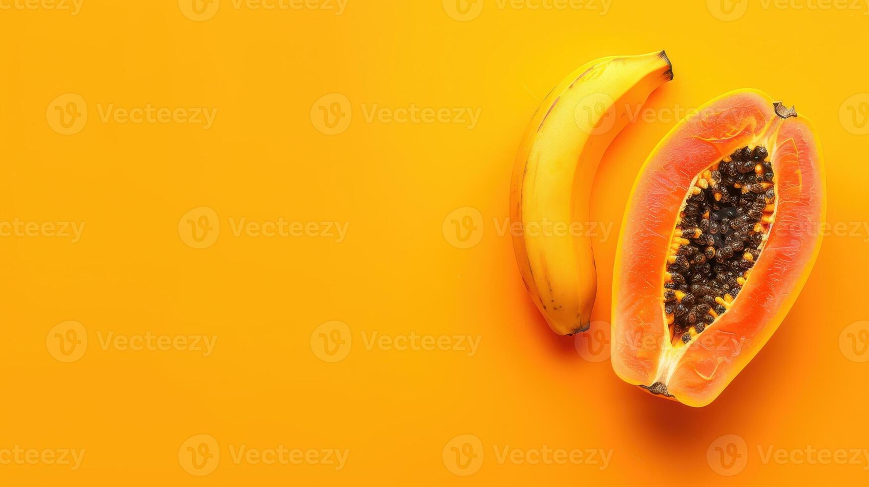 A Single Banana and a Sliced Papaya Resting on a Vibrant Yellow Background photo