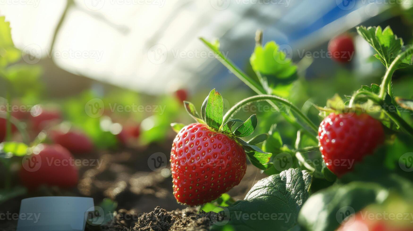 Growing strawberries inside a plastic greenhouse for optimal conditions. photo