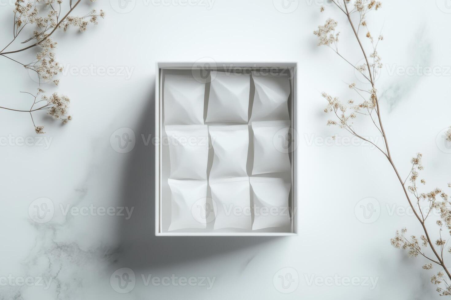 Elegant white box with unique patterned lid on marble surface photo
