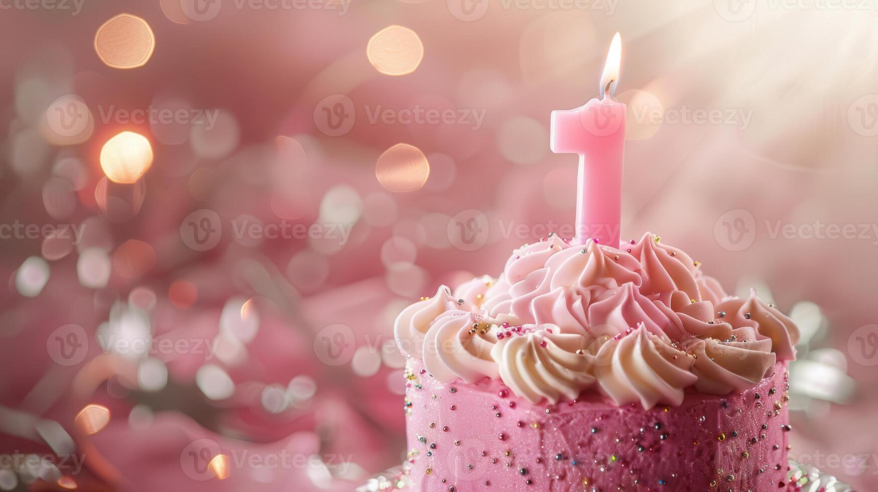 A Single Candle Glowing on a Pink Birthday Cake photo