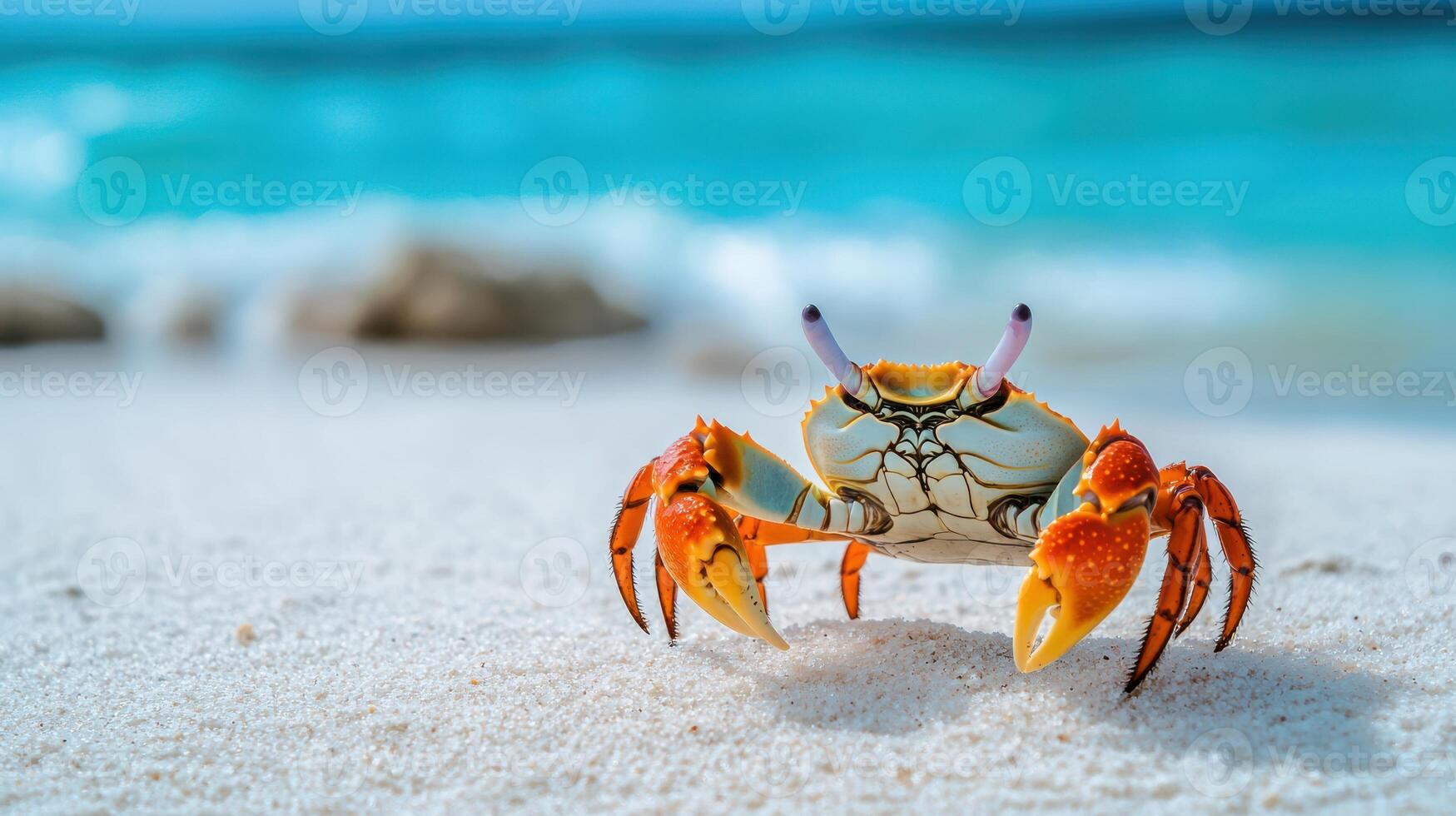 Detailed shot of a crab resting on the white sand. photo