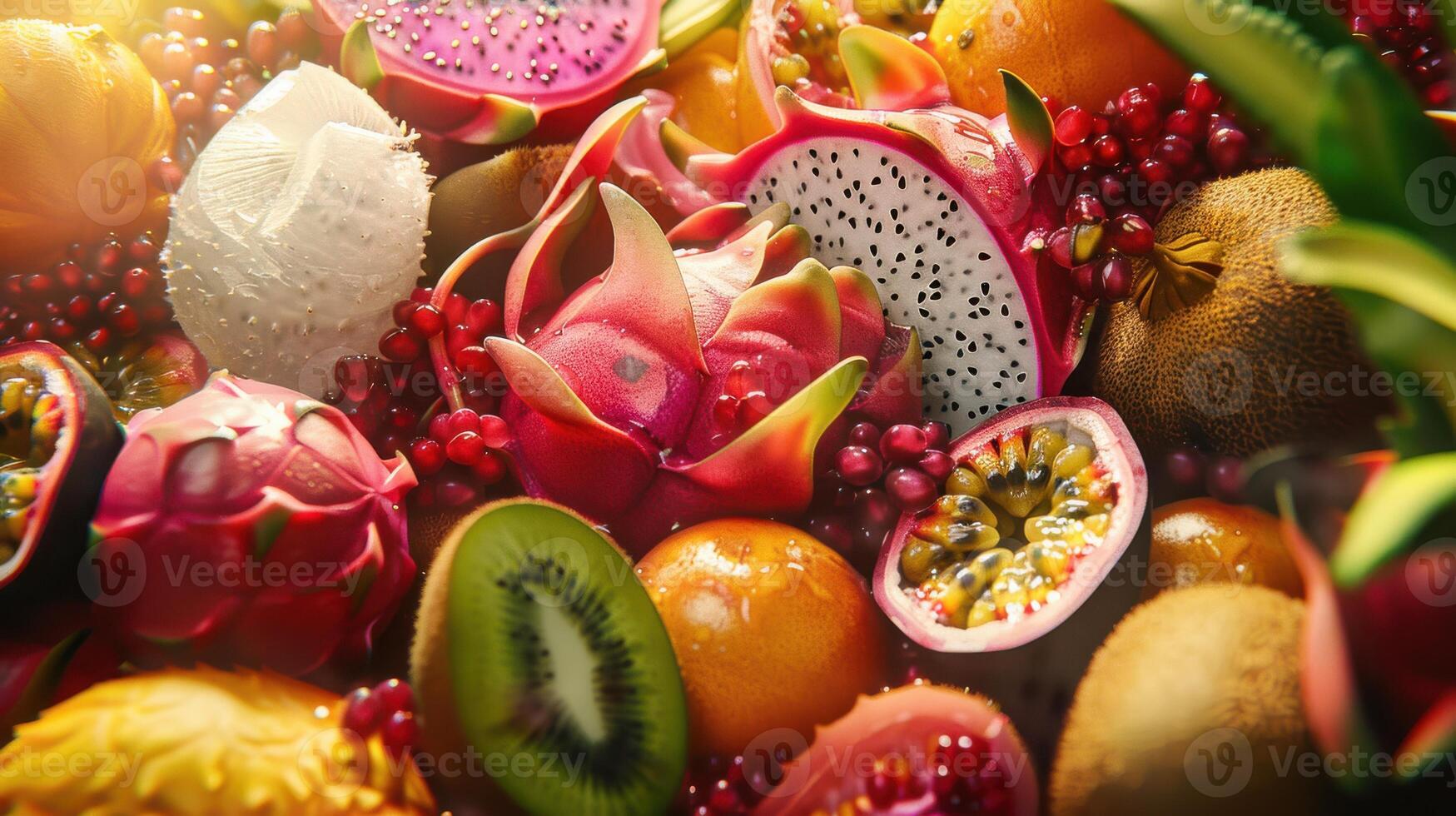 A Tropical Feast of Colors and Textures Dragon Fruit, Passionfruit, Kiwi, and Pomegranate in a Summertime Still Life photo