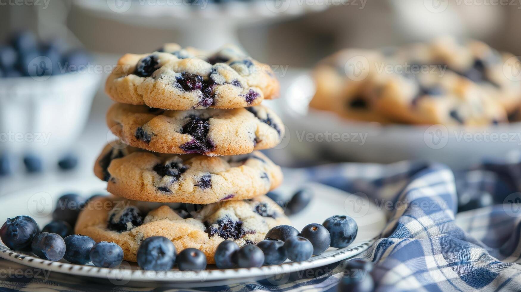 A Stack of Freshly Baked Blueberry Cookies on a Checkered Tablecloth photo