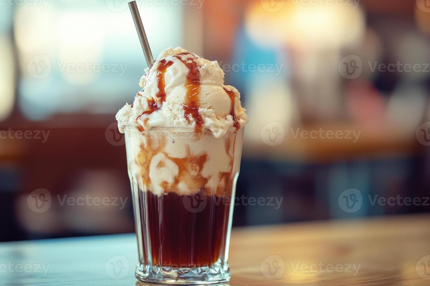 Delicious floating ice cream sundae in a cozy cafe photo