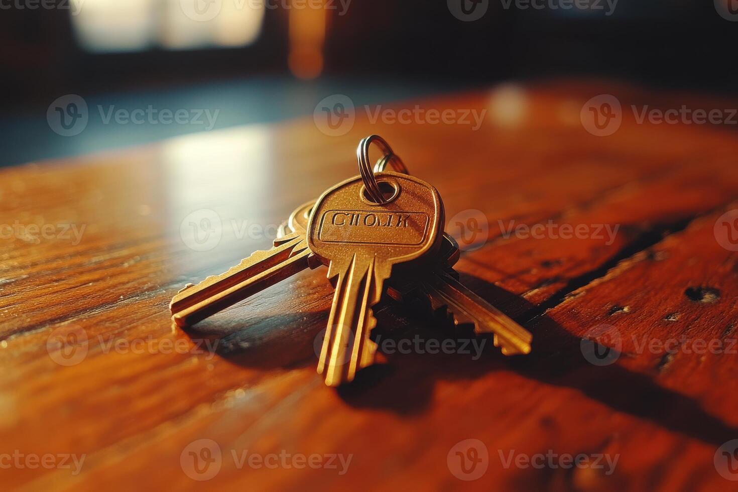 Golden keys resting on a wooden table in soft light photo
