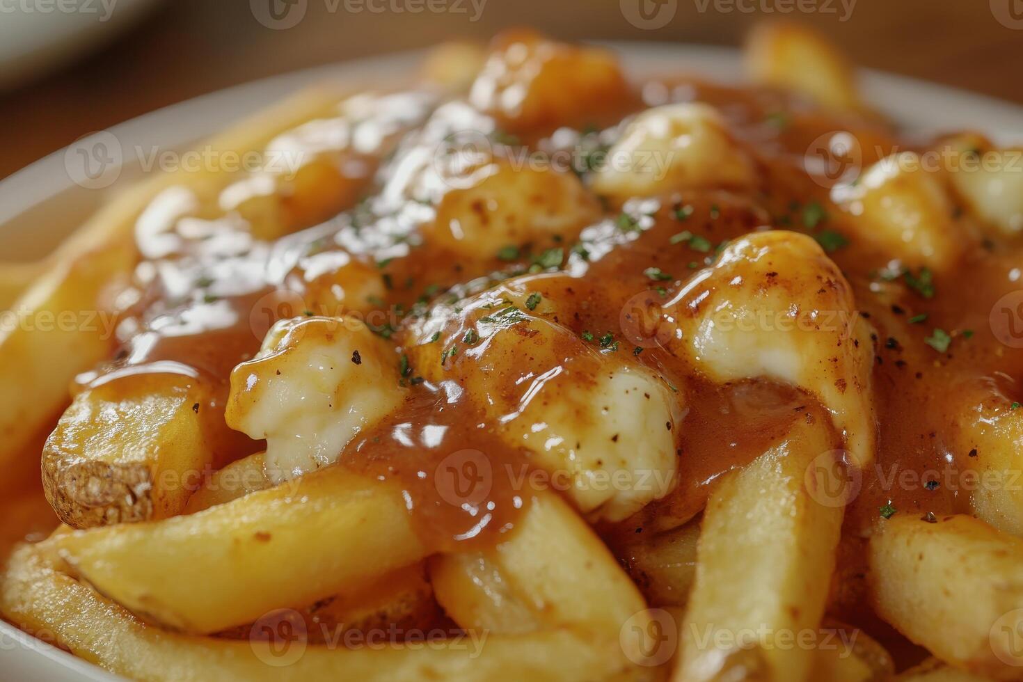 Deliciously served poutine with gravy and cheese curds photo