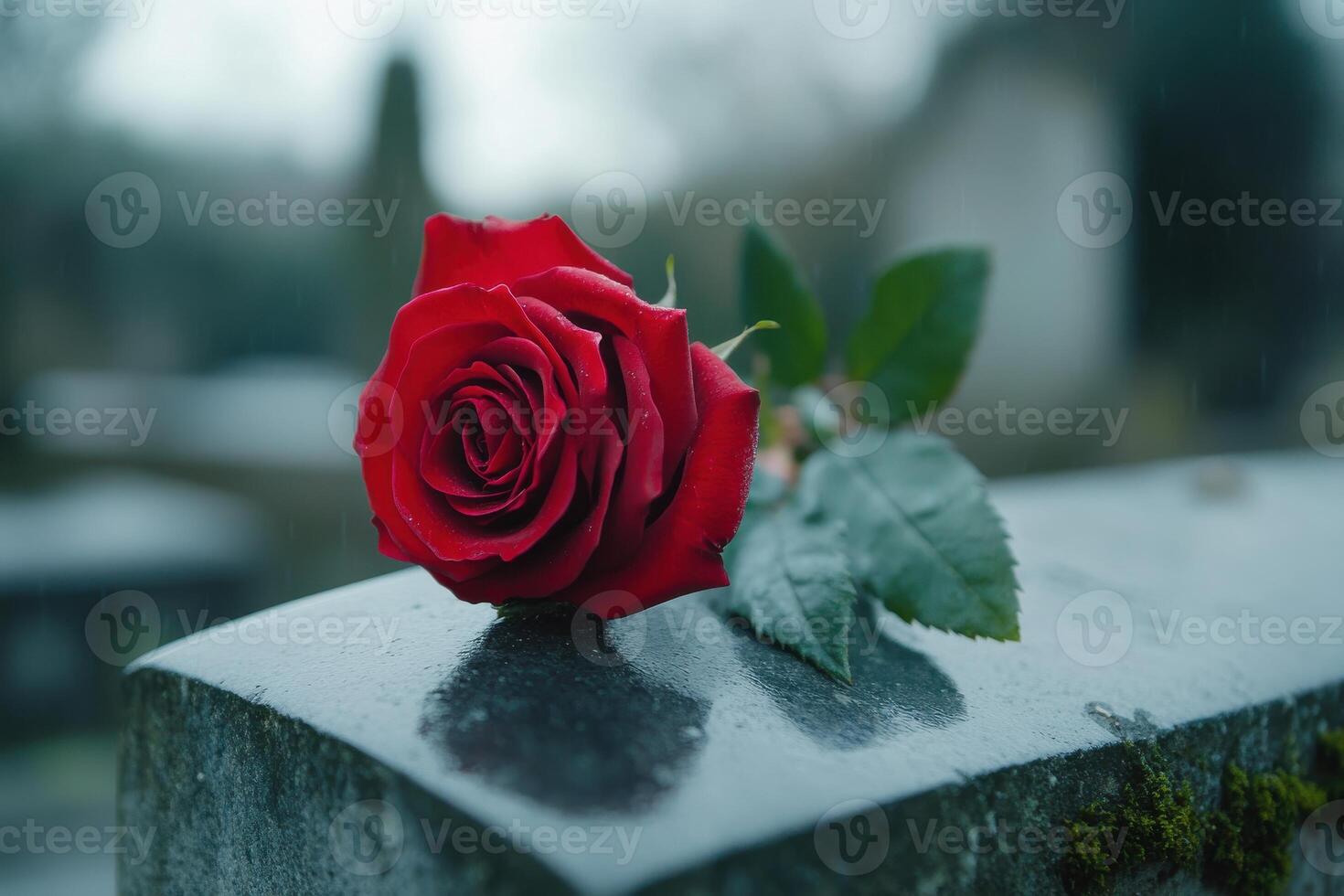 A red rose resting gently on a weathered gravestone photo
