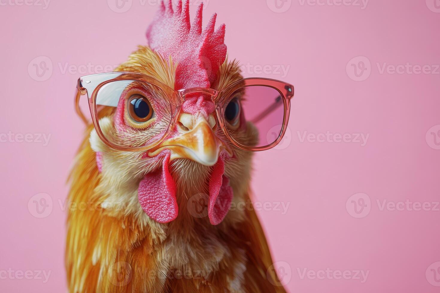 Stylish chicken wearing glasses with a pink background photo