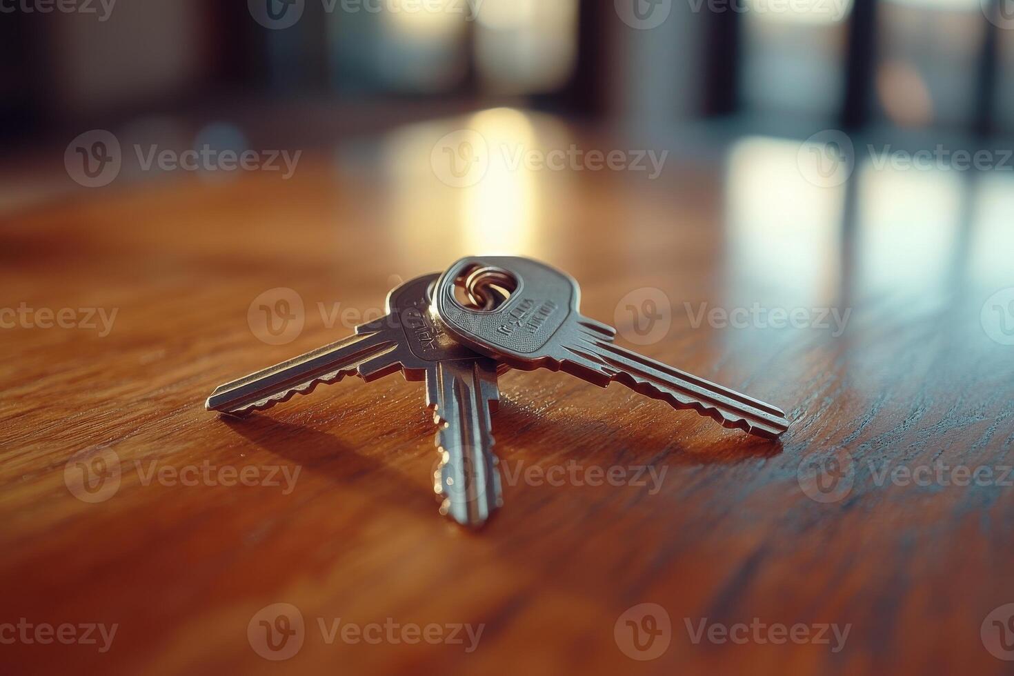 Shiny metal keys resting on a wooden table at sunset photo