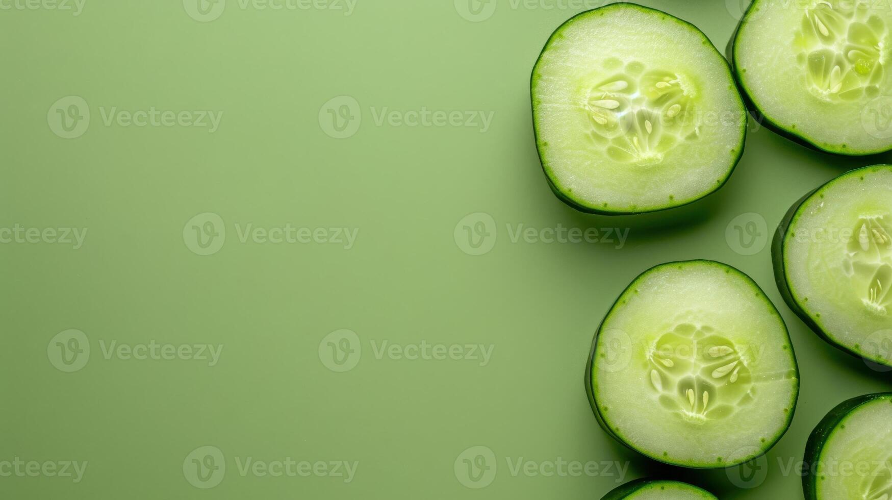 Cucumber Slices Arranged On A Green Background photo