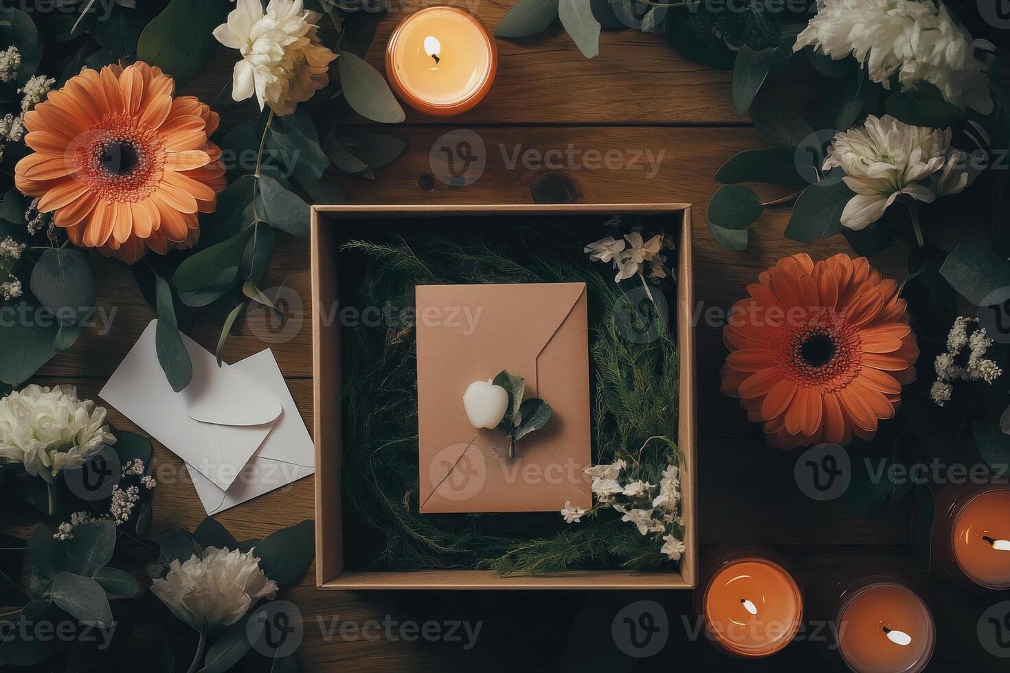 Elegant floral arrangement with a heartfelt letter indoors photo