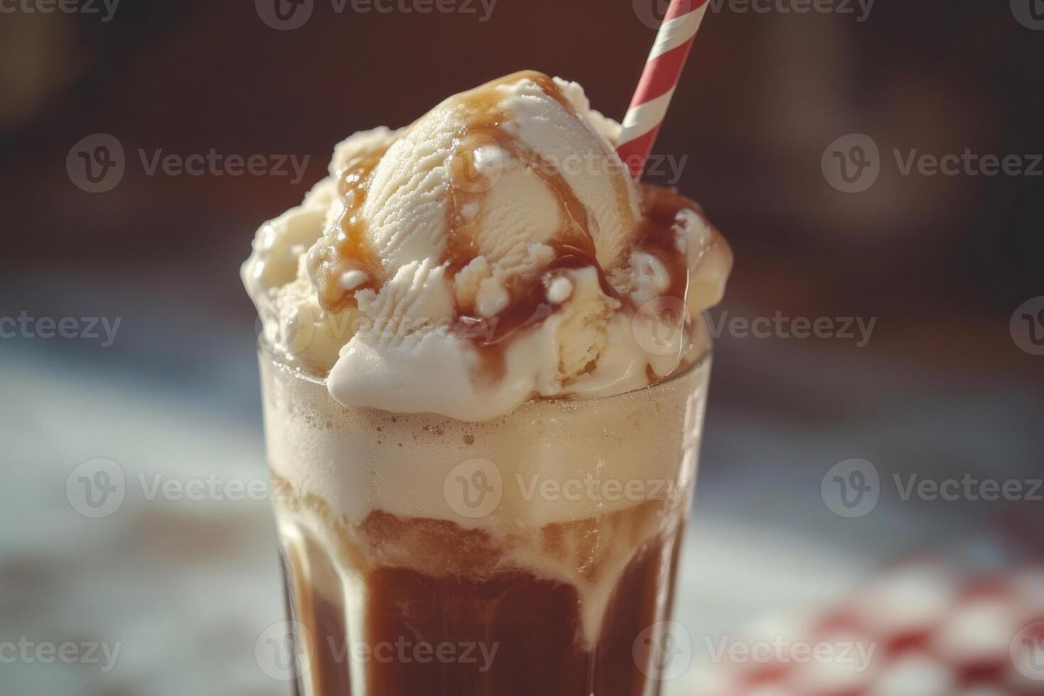 Delicious ice cream sundae with caramel in a cozy cafe setting photo