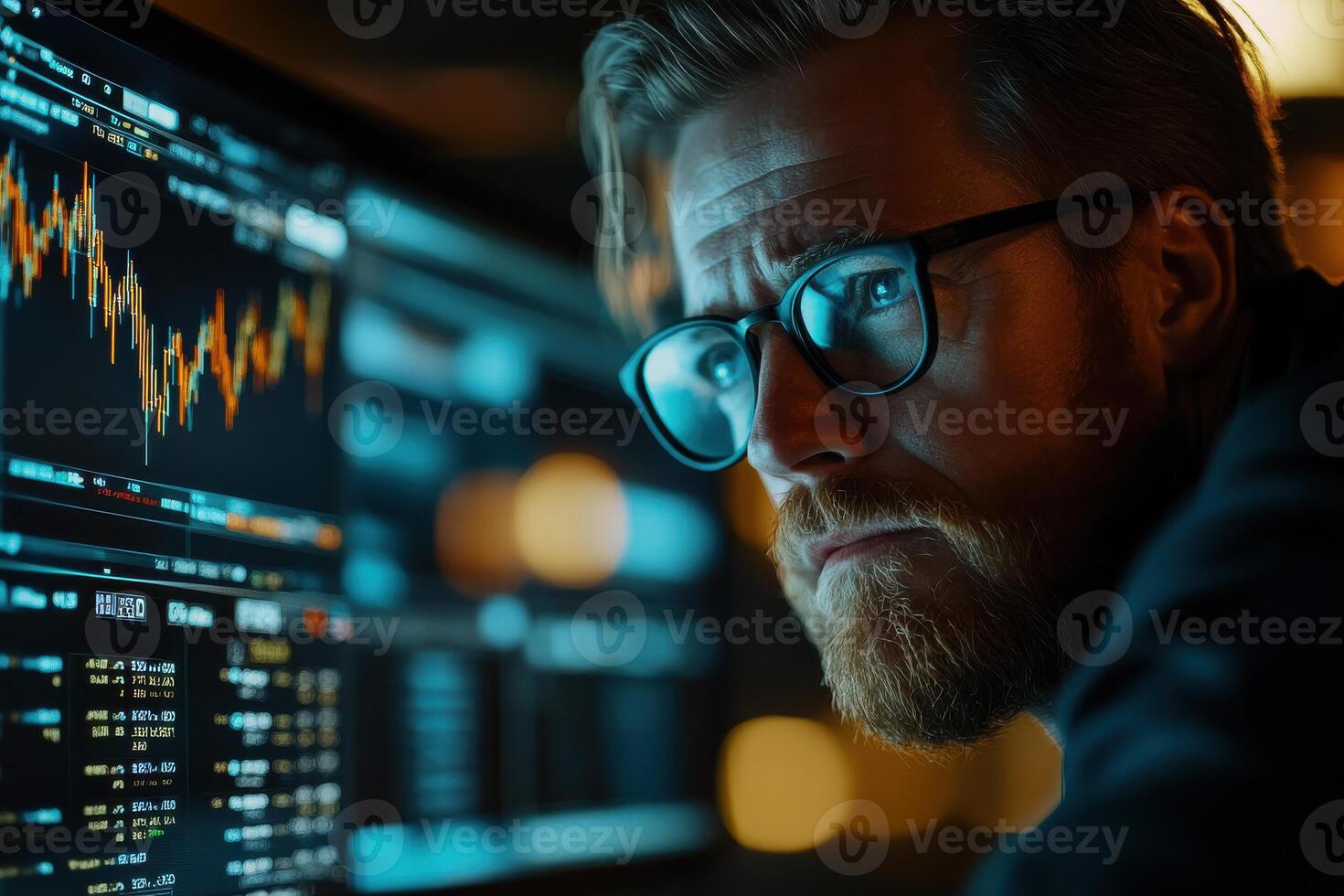 Focused trader analyzing market data at night photo
