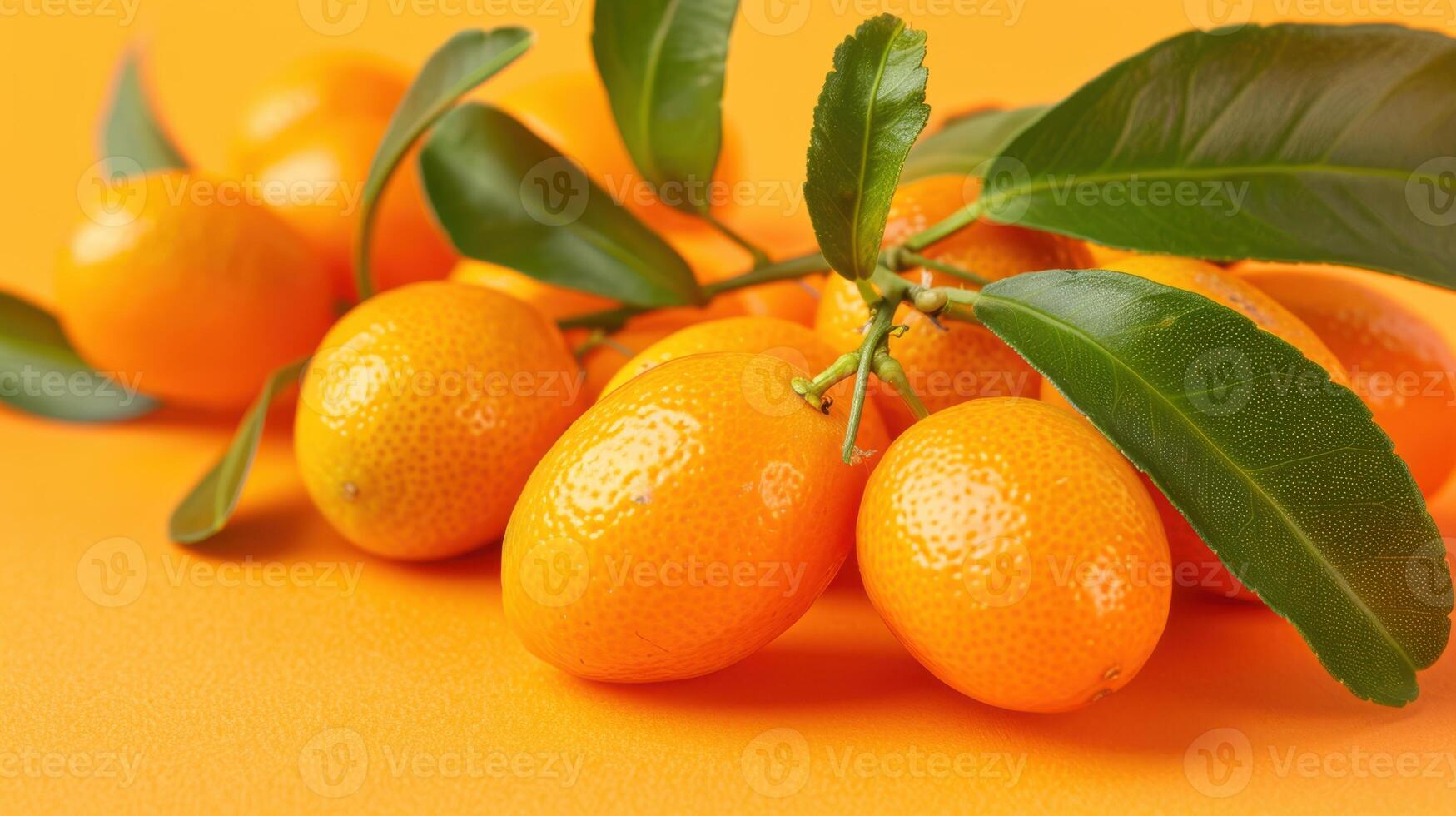 A Cluster of Ripe Kumquats With Lush Green Leaves on a Vibrant Orange Background photo