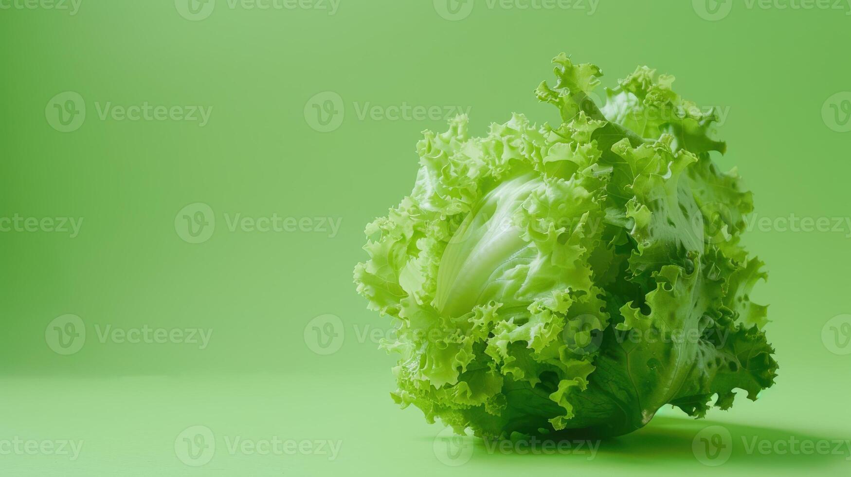 A Single Head of Crisp Green Lettuce Rests on a Vibrant Green Background photo