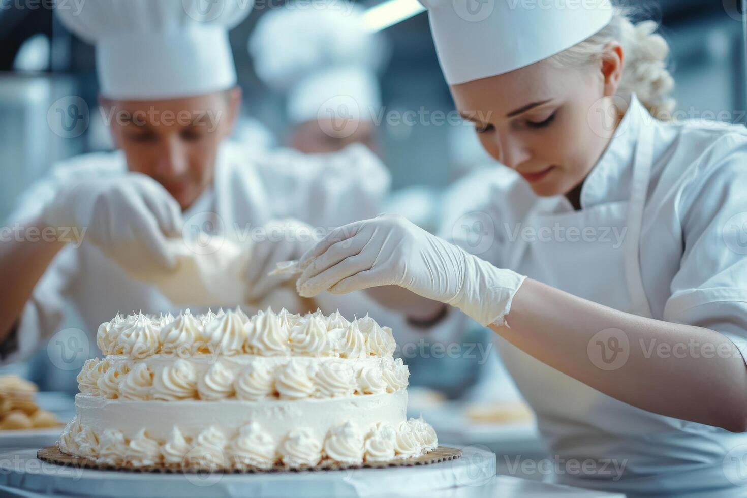 Bakery chefs creating a stunning cake in the kitchen photo