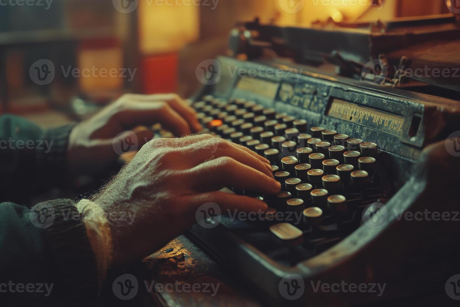 An author types on an old typewriter in warm light photo