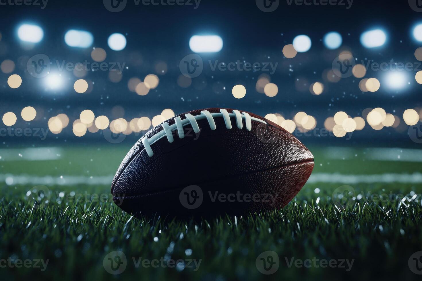 A lone football rests on the field under stadium lights photo