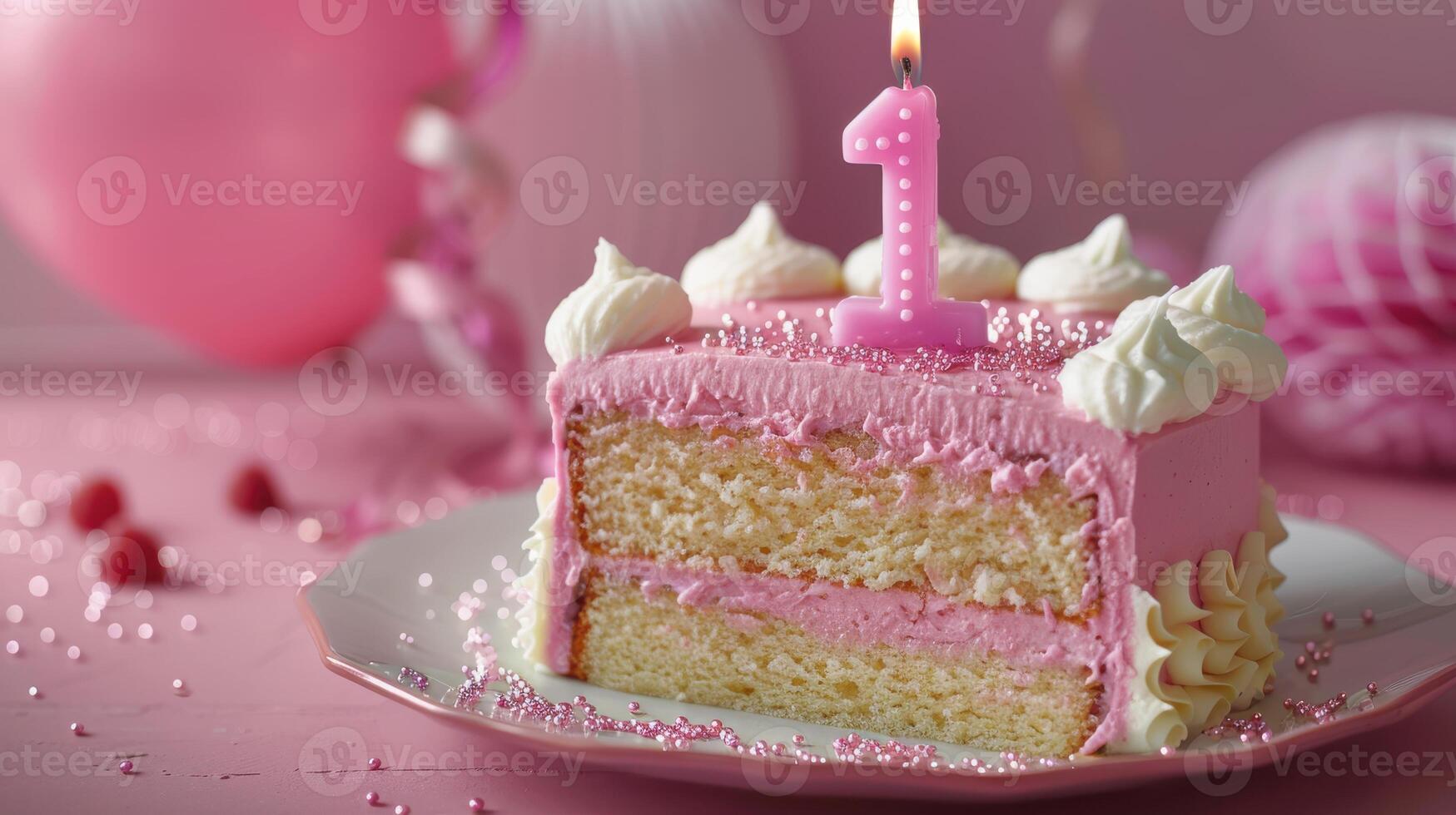 A Slice of Celebration A Pink Birthday Cake With a Single Candle Marking the First Year photo
