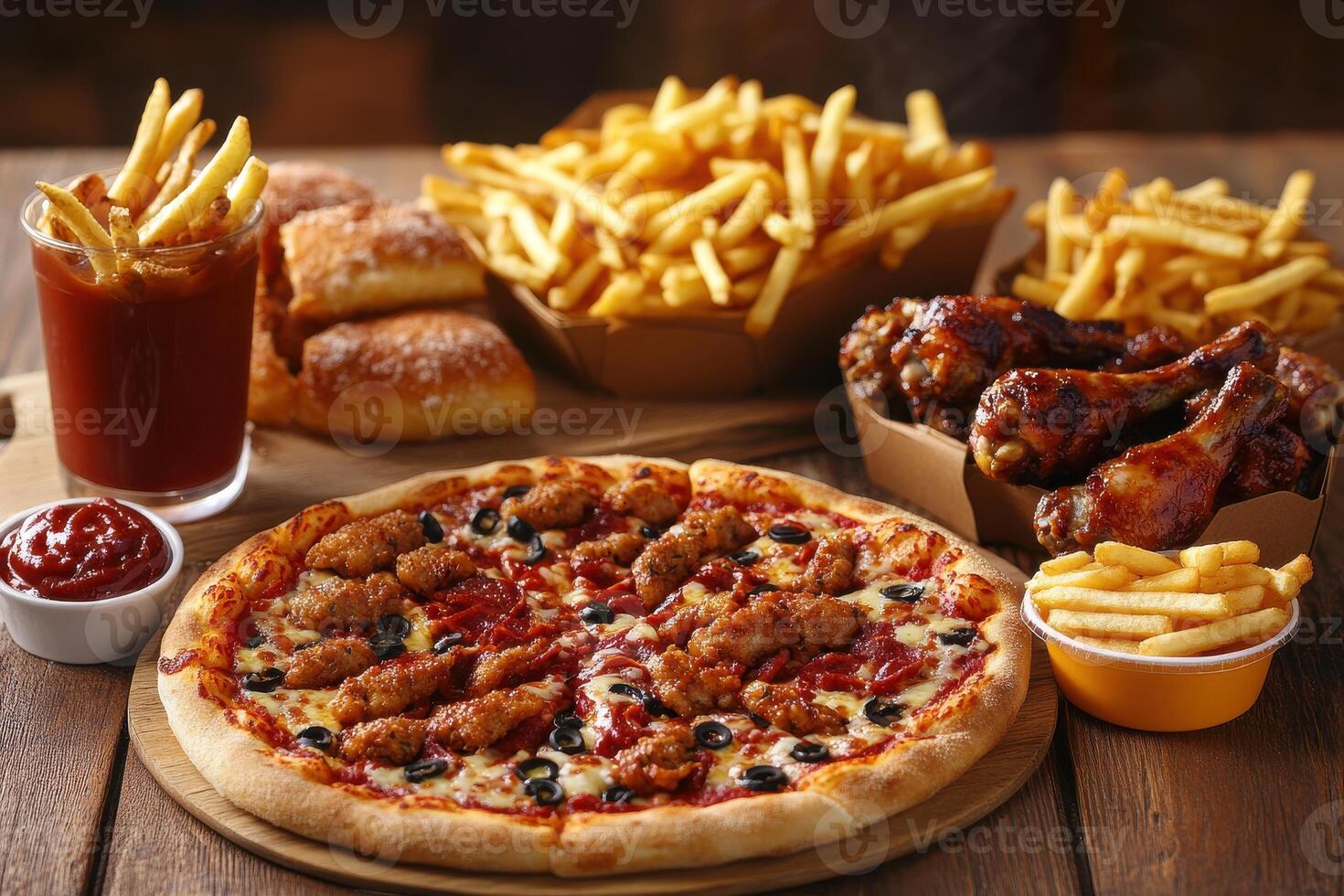 Delicious feast featuring pizza and fries at dinner photo