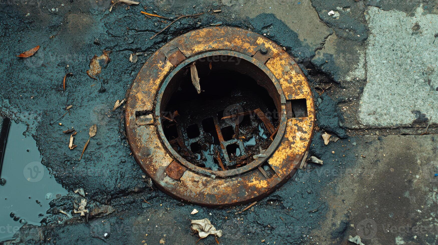 Damaged drain cover on a sewer pipe obstructed by debris. photo