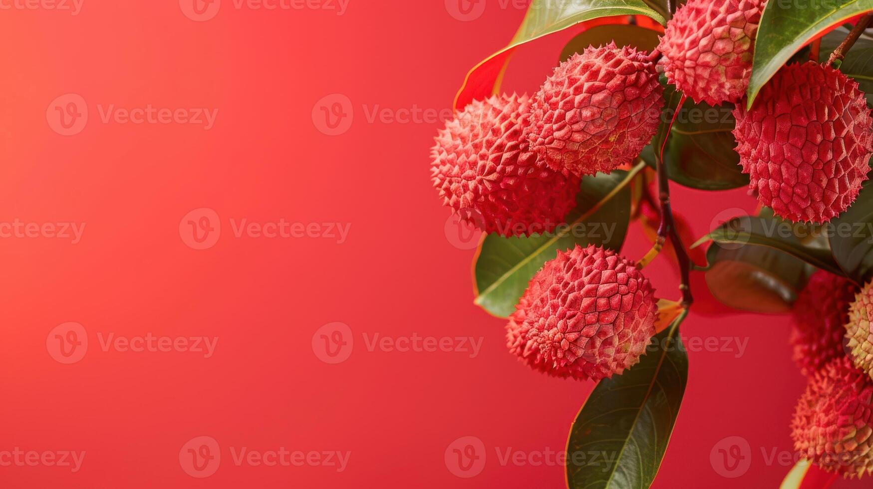 A Branch of Ripe Lychees Against a Vibrant Red Background photo