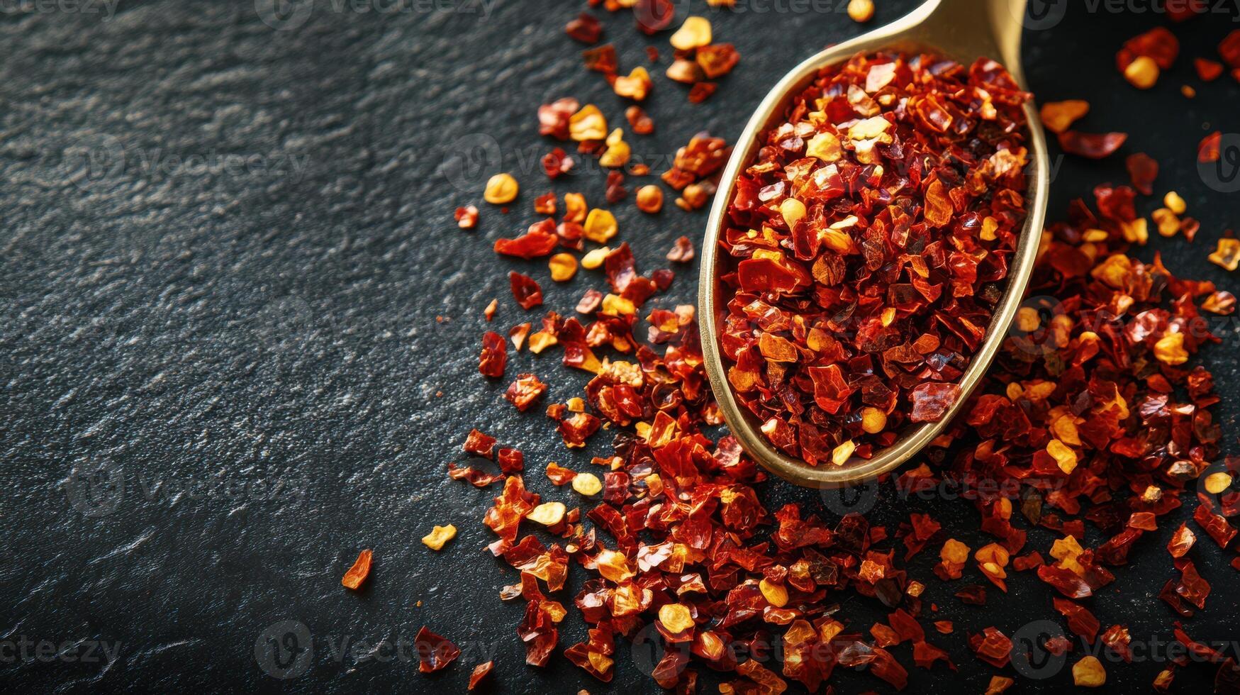 A spoonful of crushed red chili flakes placed on a dark table surface. photo