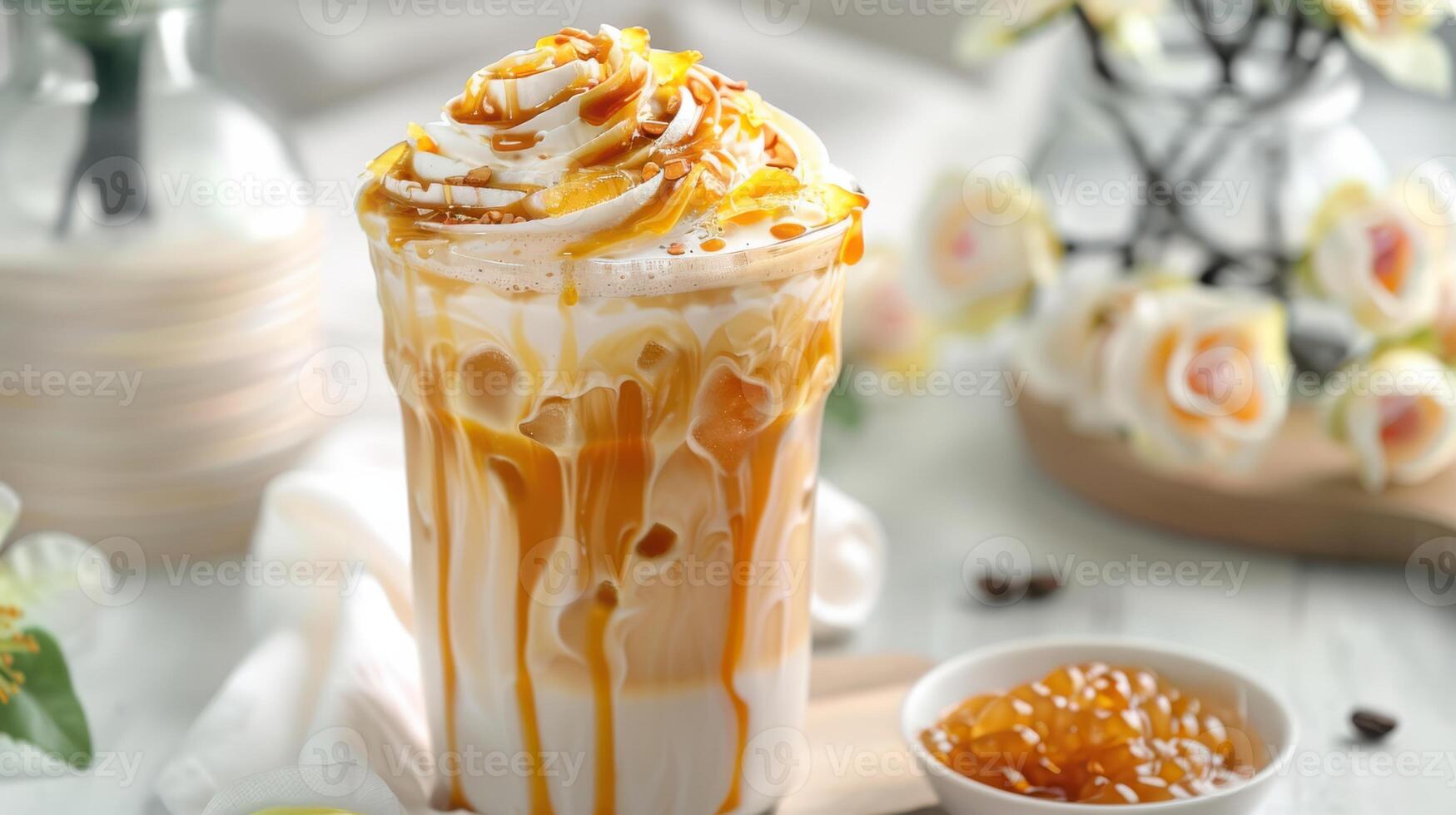 A Sweet Treat Drizzled Caramel Latte With Whipped Cream and a Touch of Floral Elegance photo