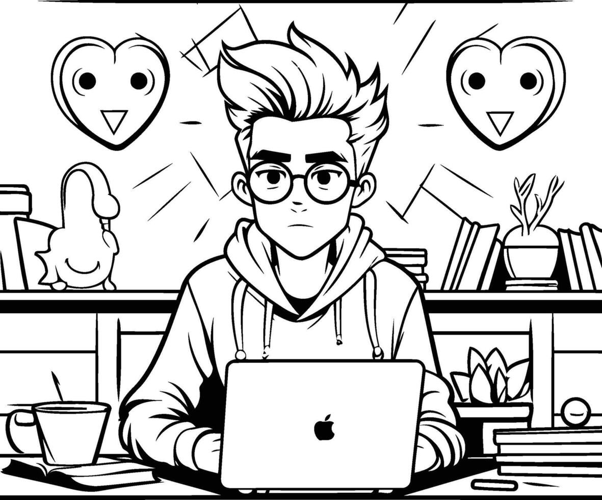 A cartoon boy with glasses sitting at his laptop vector