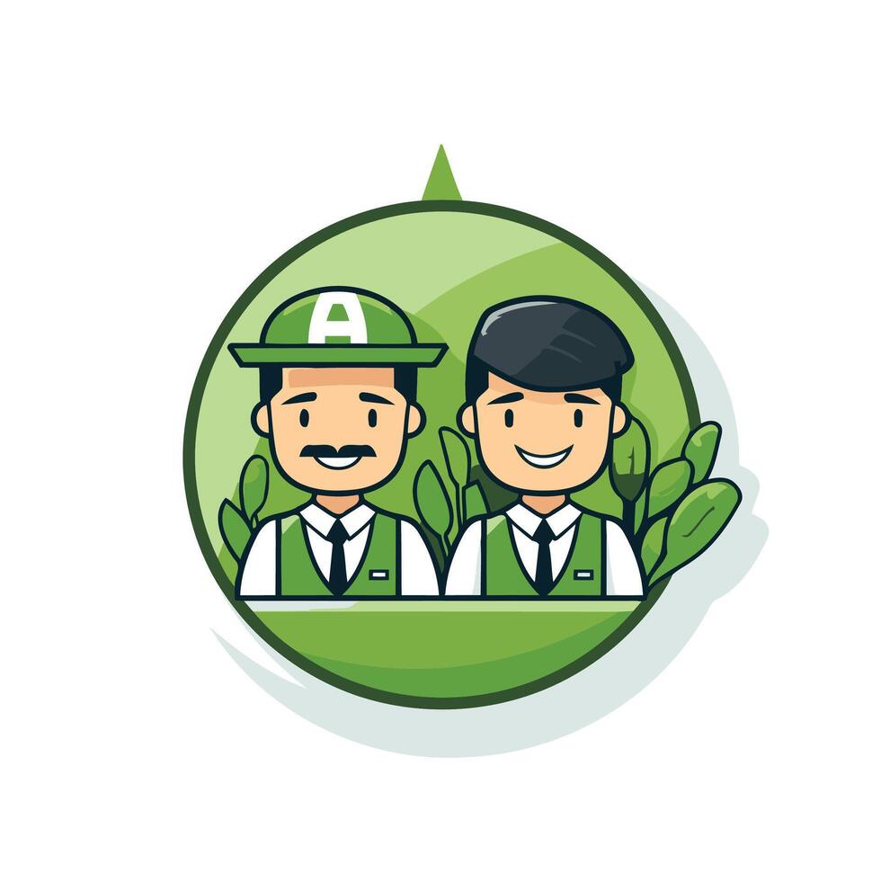 Two men in green uniforms standing in front of a green plant vector