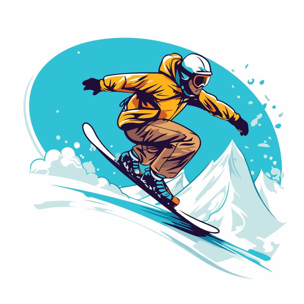 Snowboarder in yellow jacket and goggles on a mountain vector