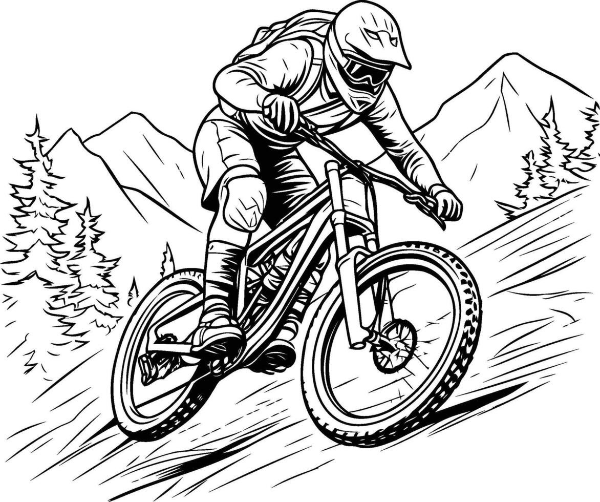 Mountain biker riding downhill in the mountains coloring page vector