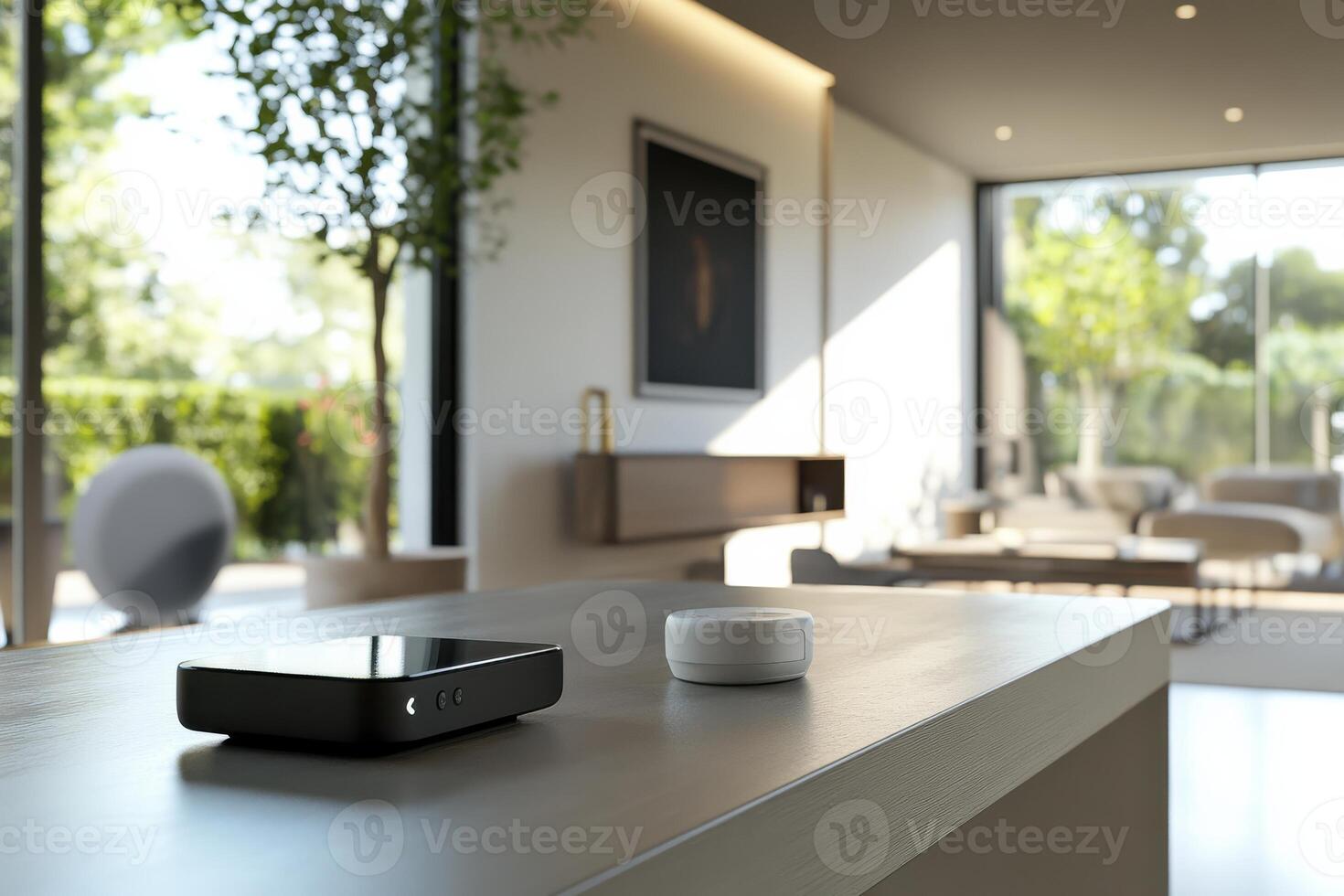 Modern smart home devices on a sleek table in sunlight photo