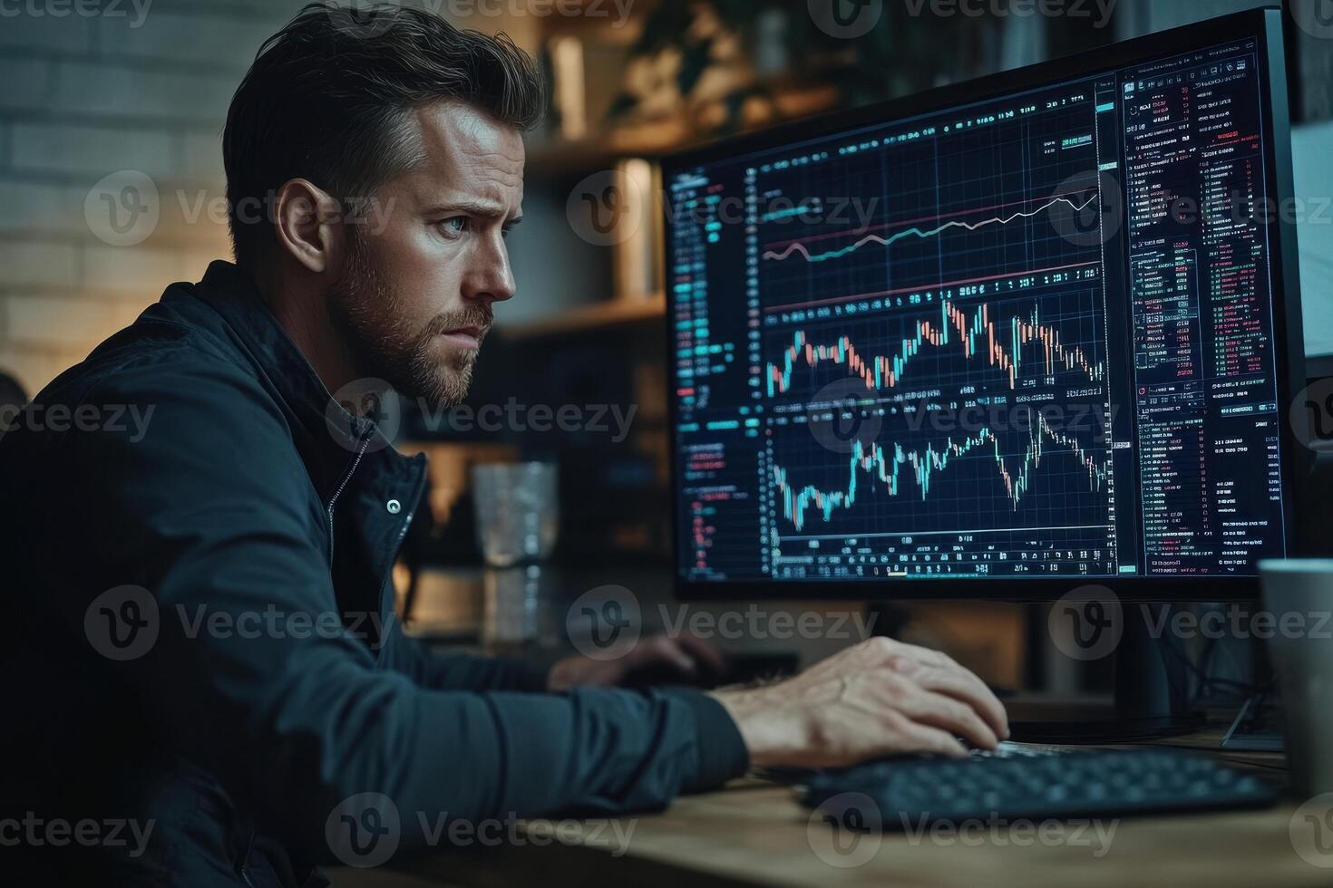 Focused trader analyzing market trends late at night photo