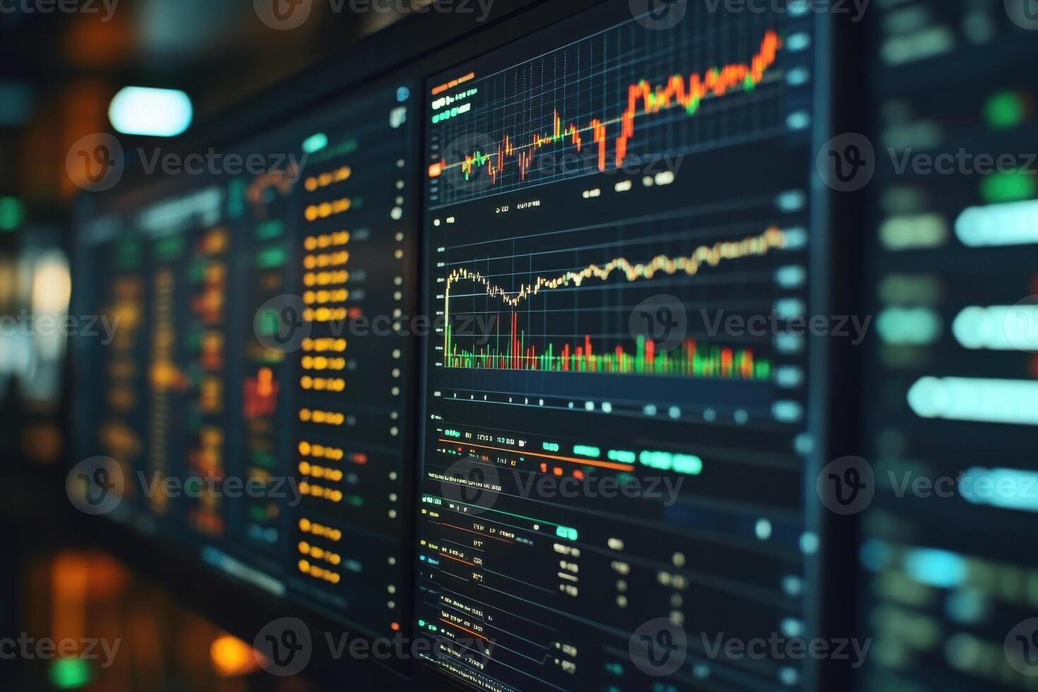 Analyzing market trends on bright digital screens at night photo
