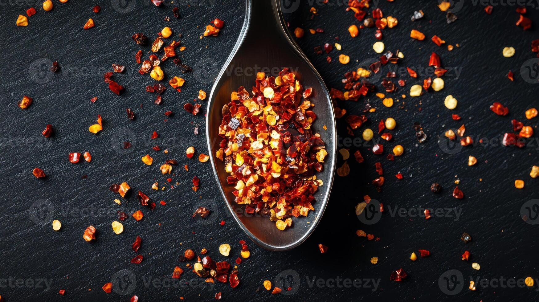 A spoonful of crushed red chili flakes placed on a dark table surface. photo