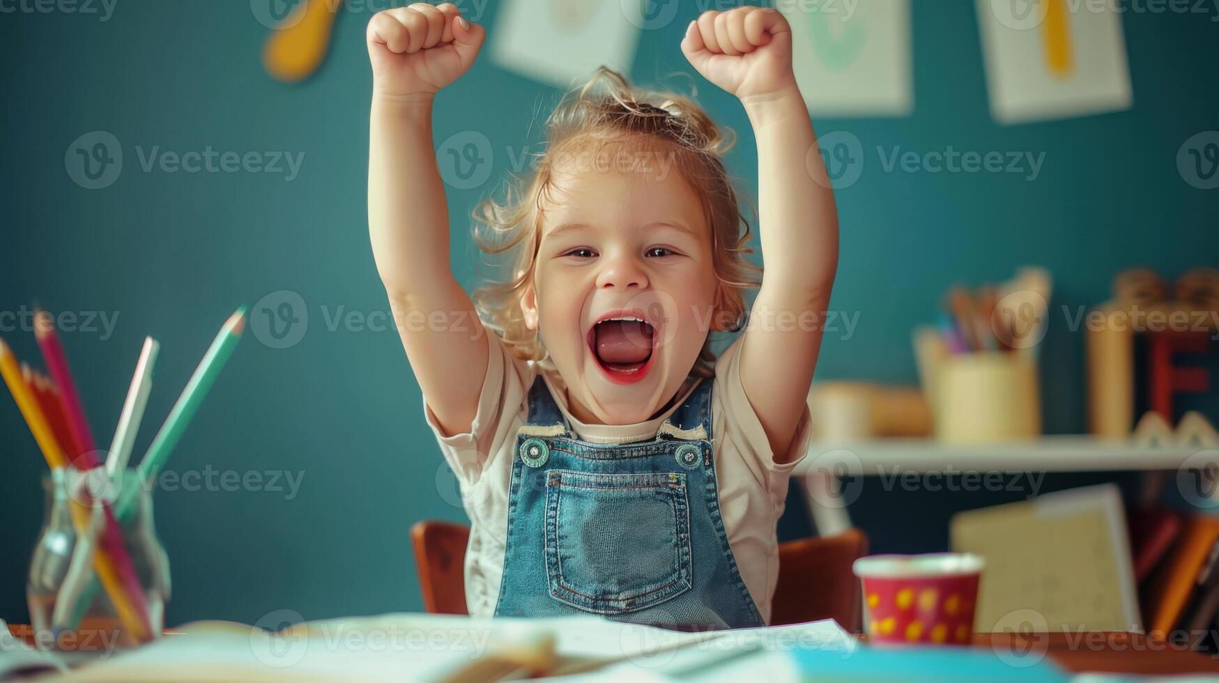 A Child's Triumphant Moment in a Colorful Classroom photo