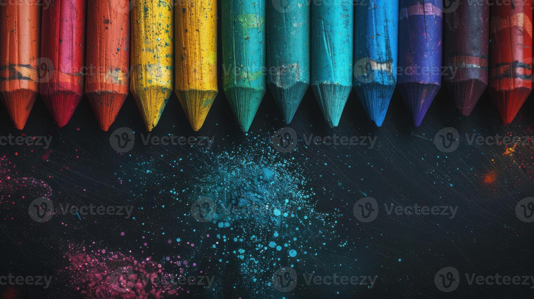 A Rainbow of Crayons Explodes With Color On A Dark Canvas photo